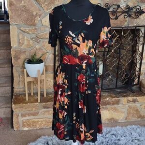 DouBCQ Women's Floral Print Casual‎ Flowy Pleated Loose Dress with Pockets Sz L